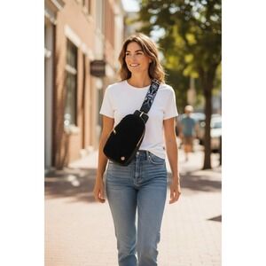 Simply Southern Textured Black Crossbody Bag with Patterned Strap